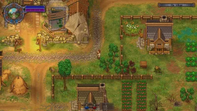 The original Graveyard Keeper's village farm — carrot and cabbage plots behind wooden fences