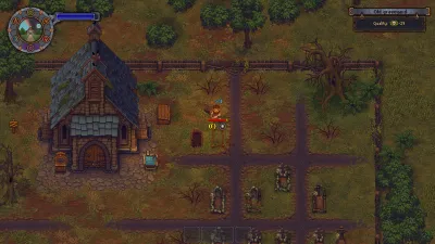 The original Graveyard Keeper's old graveyard — the church, run-down grave fences, and the keeper digging a grave rated quality -29