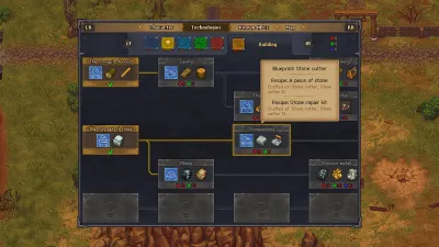 The original Graveyard Keeper's Technologies window — a flat node tree with red, green, and blue science point costs