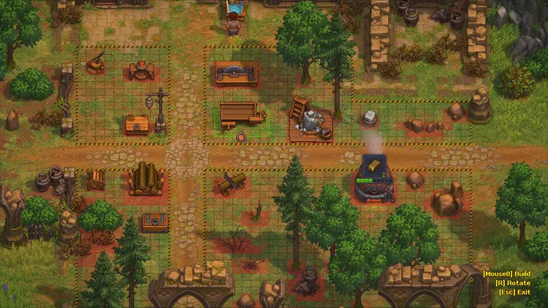 The keeper’s work yard in build mode, with crafting stations, a furnace, and marked-out building plots