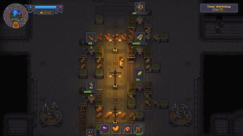 The Town Workshop at night — zombie workers staffing rows of production stations